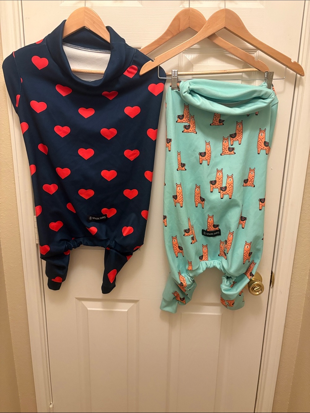 Dog Hoodie & Pajama Set in Navy with Red Hearts and Mint Llama Print size 4XL